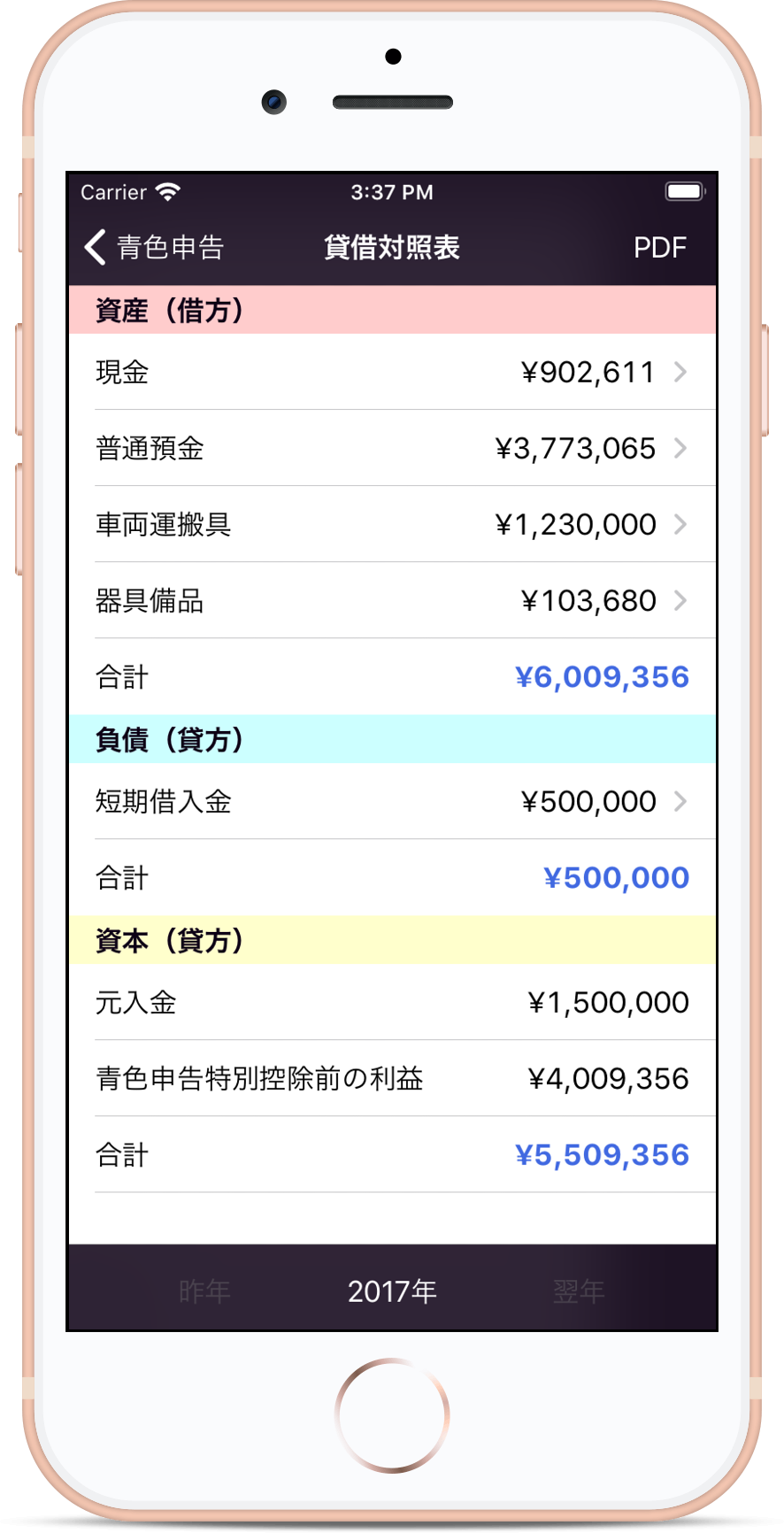 個人事業主の確定申告用帳簿アプリの大福帳の貸借対照表の画面